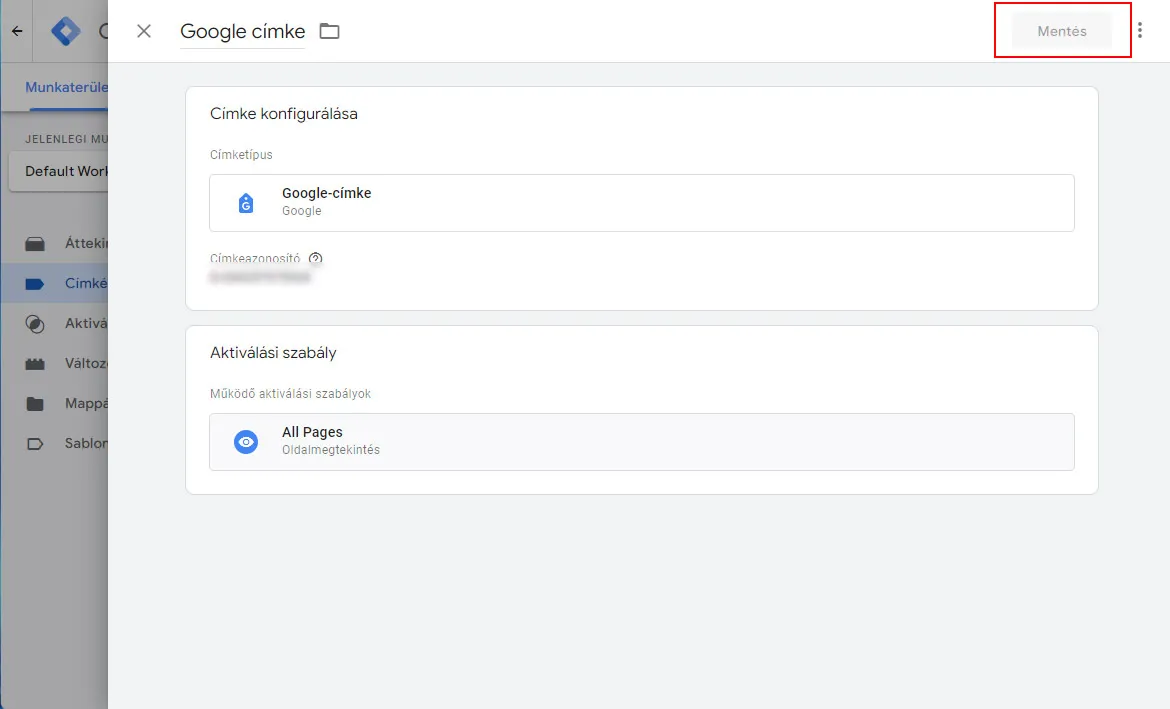 Google Tag Manager mentés gomb