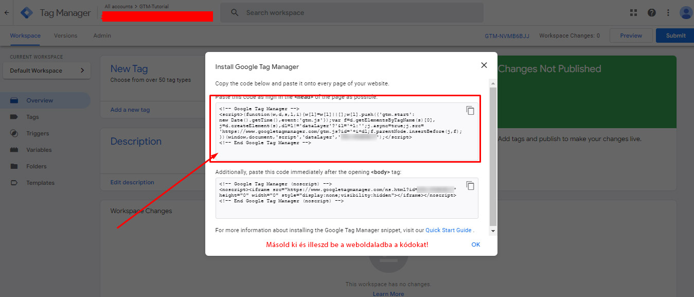 Google Tag Manager konténer kód kimásolása